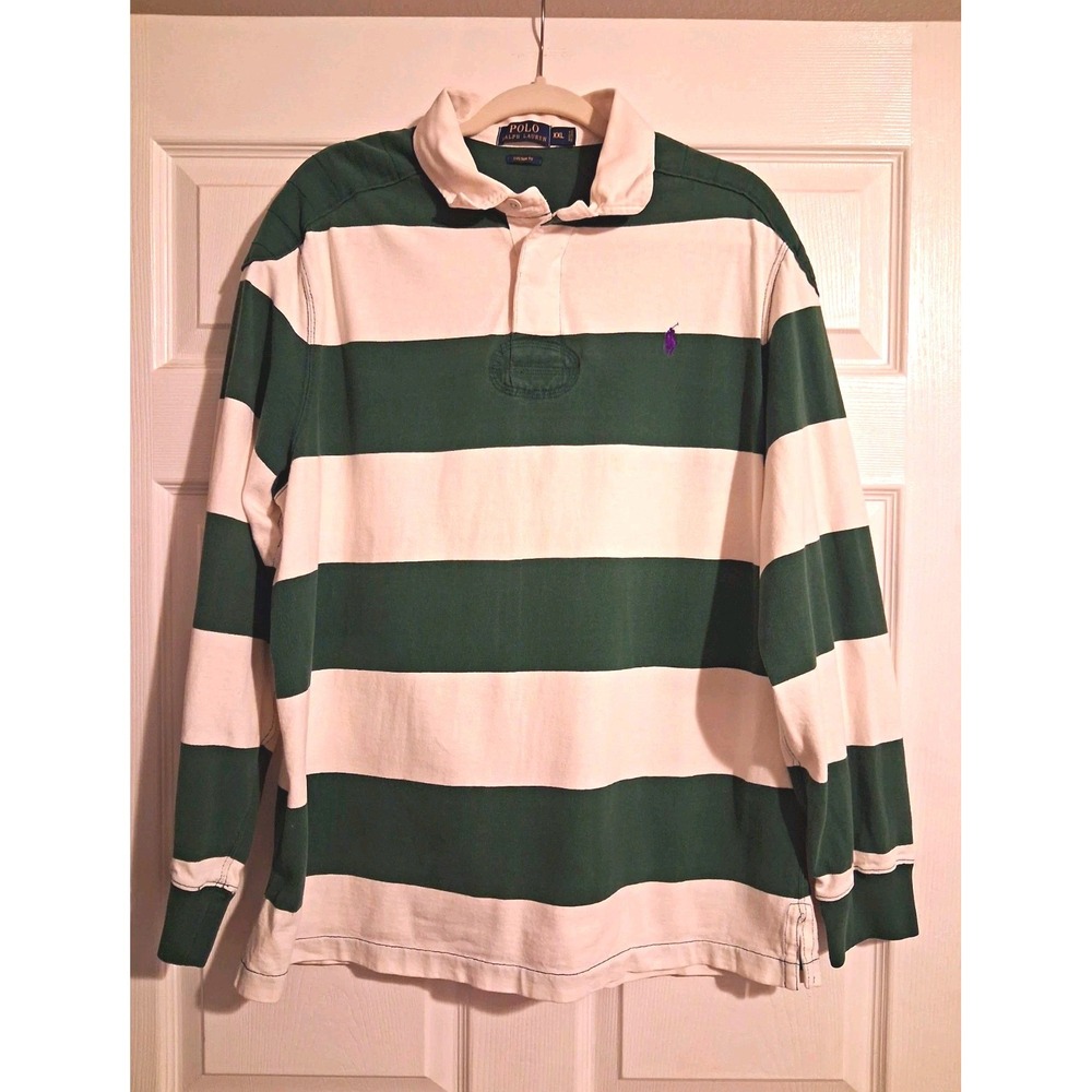Polo Ralph Lauren Rugby Shirt Mens XXL Green White Stripe Custom Fit Long Sleeve